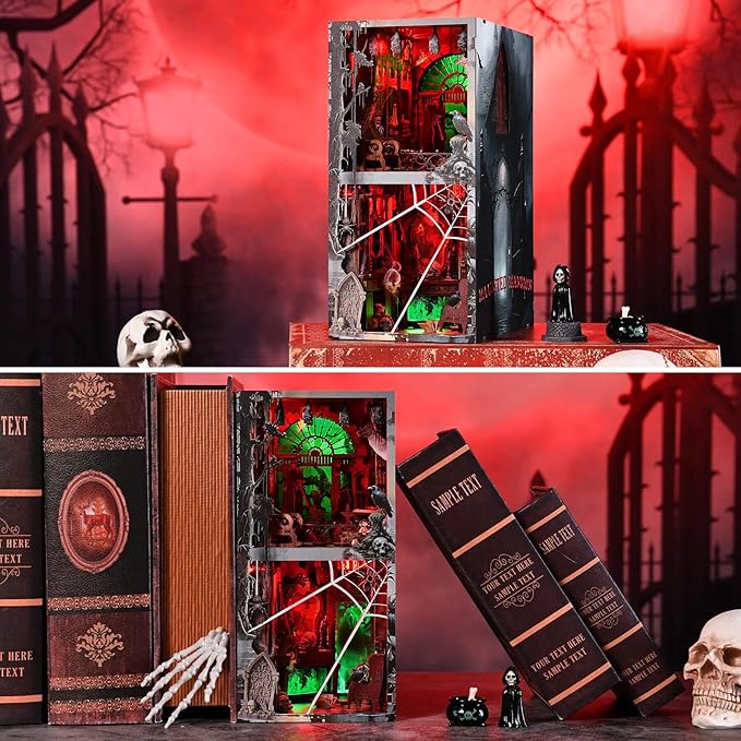 Haunted Horror Book Nook Kit, DIY Miniature Dollhouse Halloween Booknook Kit, Spooky Creepy Scary 3D Wooden Puzzle Bookend Bookshelf Insert Decor with LED Light (Haunted Mansion)