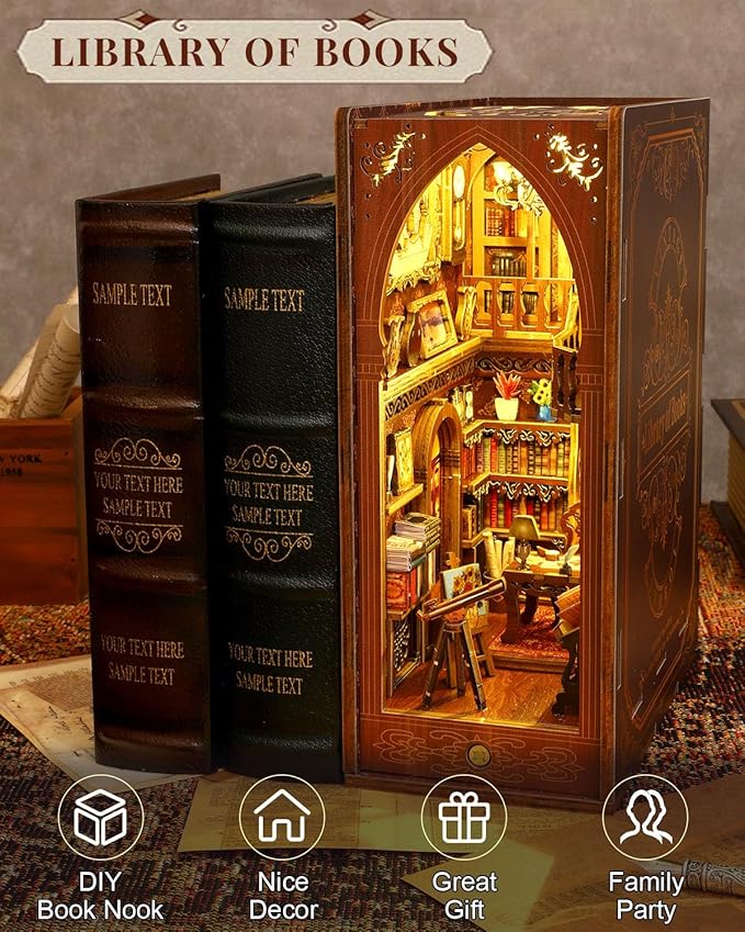 Book Nook Kit Library, DIY Booknooks Kit for Adults Teens with Sensor Lights, Bookshelf Diorama Miniature Scenes Insert Decor Decorative Bookends (Library of Books)