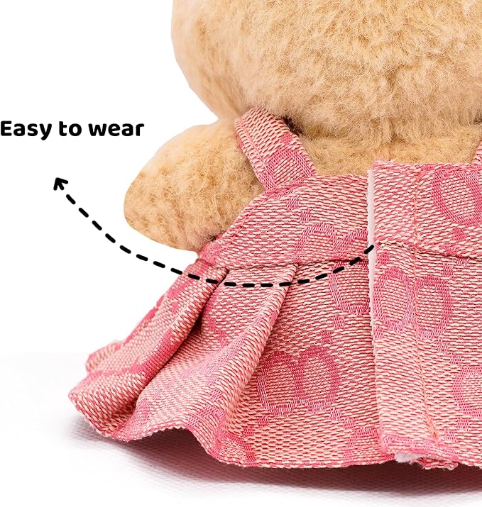 Clothes Compatible with Labubu 17cm Dolls, Premium Dolls Accessories 2 Piece Set Including Chic Grid Spaghetti-Strap Dress and Bow, High-End Fashion Outfit for Play & Display - Pink