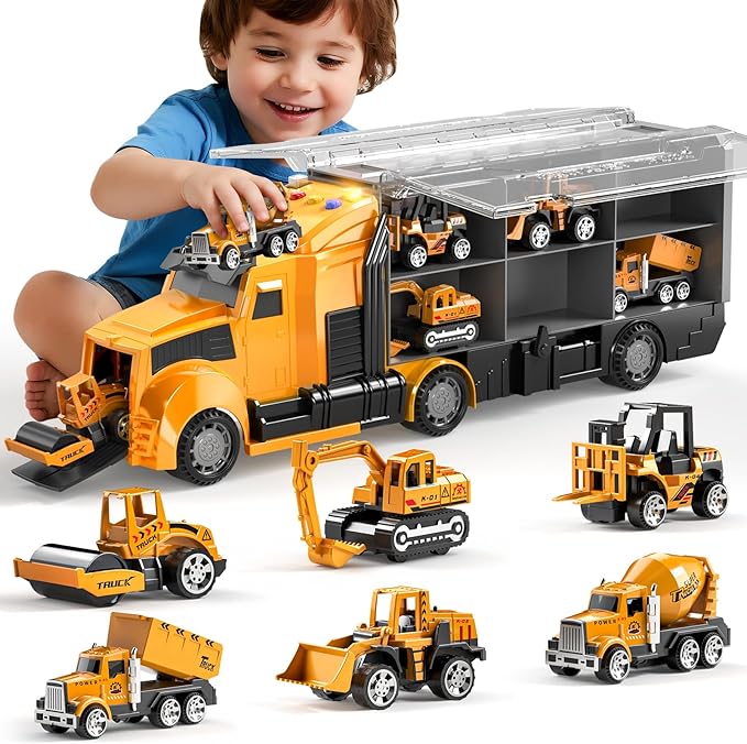 Construction Trucks Toy Set with Play Mat, Carrier Truck Play Vehicles Set for 3 4 5 6 Years Old Boys Kids, Die-Cast Car Toy for Toddlers 3-4 Years, Birthday Gifts Toys for 3-9 Year Old Boys