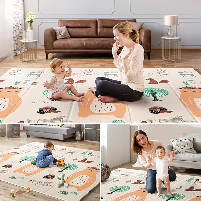 UANLAUO Baby Play Mat,79"x 71" Large Mat for Floor,Reversible Floor Mat,Foam Thick&Waterproof,Foldable Playmats for Babies and Toddlers,Anti-Slip for Baby Crawling,Non-Toxic Tummy Time(Bear)