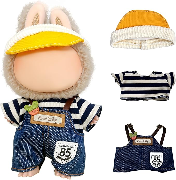 17cm Doll Clothes,15cm Dolls Outfit Set,Accessories for Dolls,Stylish Clothes Set Dress Up (No Doll) (Blue Overalls Suit+Hat)