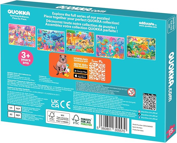 QUOKKA Puzzles for Kids Ages 4-6 – 60 Piece Jigsaw Puzzles for Toddlers Ages 3-5 with Mermaid – Quiet Time Toys for Preschoolers 2-4 – FSC Certified Educational Learning Game for Boys and Girls
