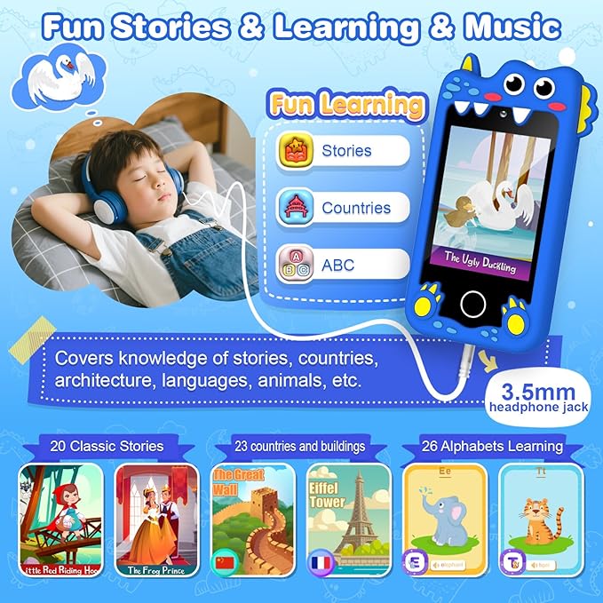 Kids Smart Phone Christmas Birthday Gifts for Boys Age 3-10 Dinosaur Toys Smart Phone 2.8" Touchscreen Built-in 32G SD Card Dual Camera 28 Learning Games MP3 Music Player