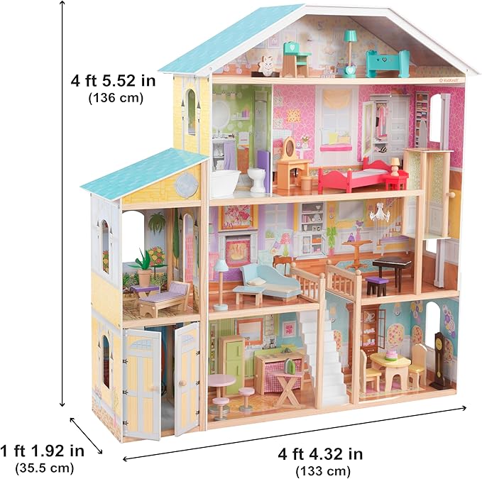 KidKraft Majestic Mansion Wooden Dollhouse with 34-Piece Accessories, Working Elevator and Garage, Gift for Ages 3+