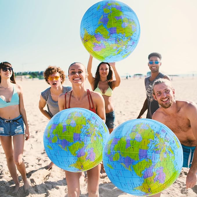 20 Pack Inflatable World Globe - 16 Inch Blow Up Earth Beach Ball for Summer Beach Party Favors