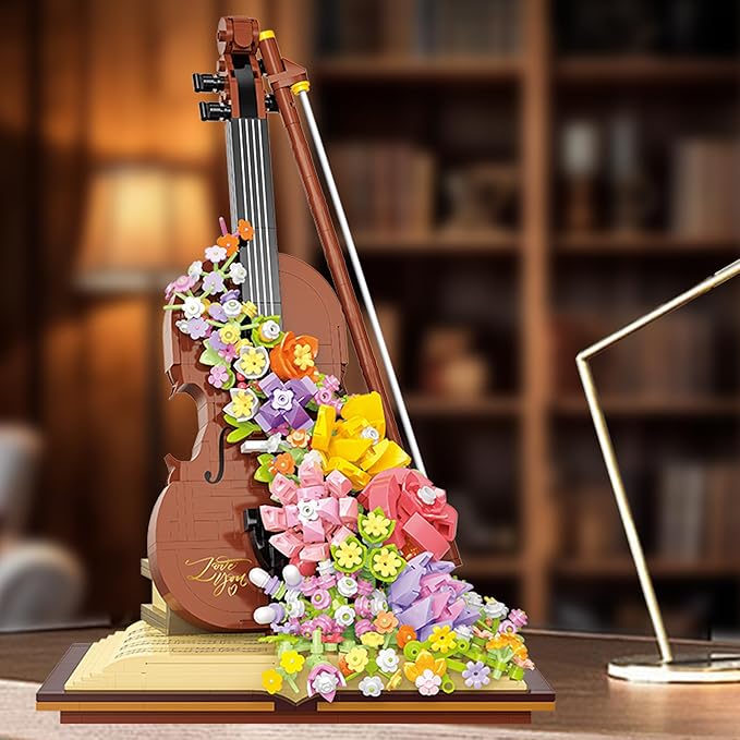 Mini Violin Building Blocks Sets Flower - 950+PCS Musical Instrument Micro Building Bricks Kit Floral - Creative Ideals, Collectible Architecture Decoration, Birthday Gift(Violin Flower)