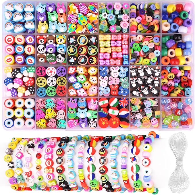 BBita 1000PCS Polymer Clay Beads Bracelet Making kit, 24 Style Cute Fun Beads Flower Animal Rainbow Eye Charms for Jewelry Necklace Earring Making DIY Accessories for Women Girls