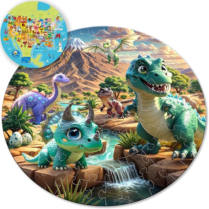 ELX 70 Piece Large Dinosaur Floor Puzzle for Kids Ages 5-8,United States Map & Dino Jigsaw Puzzles, Double-Sided Round Puzzles for Toddlers, Educational Toys for Boys & Girls (22.5 Inch)