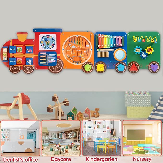 Train Activity Wall Busy Board Panels | 11-in-1 Wooden Sensory Wall Panel for Kids, Toddler Montessori Learning Activity Center, Perfect for Toddler Playroom Nursery Classroom Dentist Waiting Room