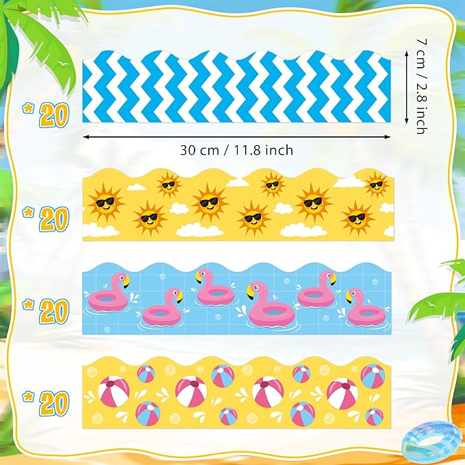 BeYumi Summer Beach Border Trim - 80Pcs Summer Wave Beach Pool Bulletin Board Borders Back to School Border Trim Decor Classroom Office Chalkboard White Board Poster Summer Holiday Party Decoration