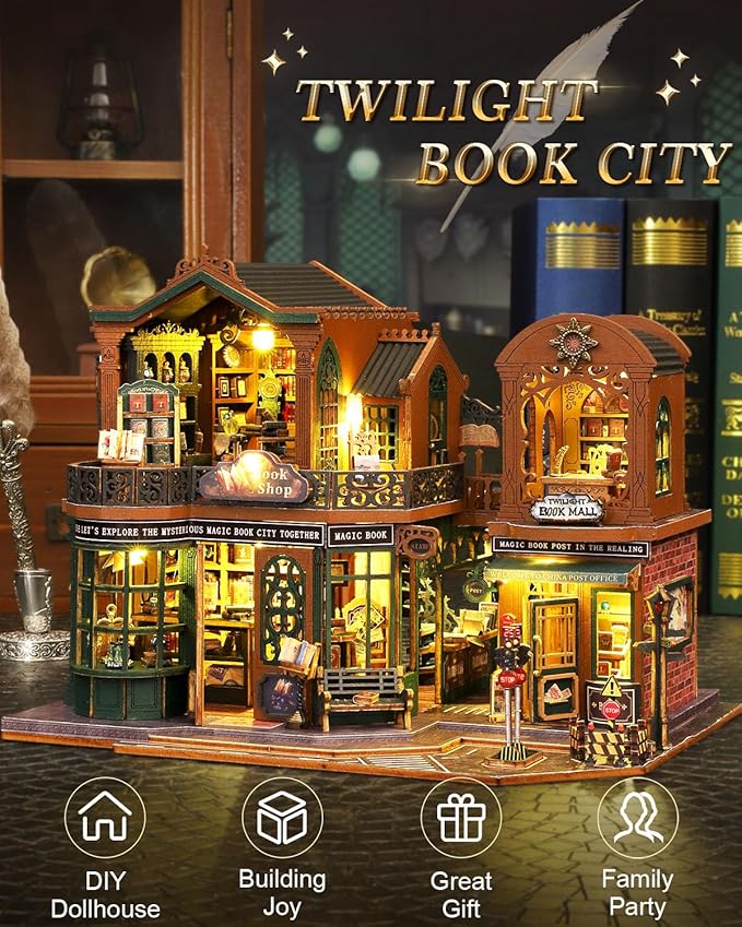 Miniature House Kit Bookstore, DIY Mini House Building Kit, Miniature Kit for Adults with Furniture and LEDs, Great Gift for Teens and Christmas Decor (Twilight Book City)