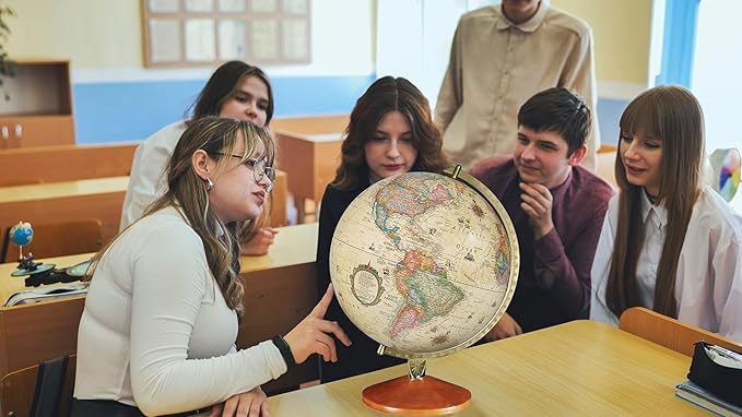 Replogle Illuminated World Globe with Stand, 12 Inch diameter light up globe with 3-D Raised Relief Texture. Perfect for Children And Kid's Classroom and home Decor, Made In USA. (Antique)