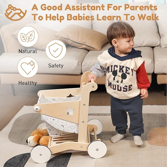 Woodtoe Wooden Baby Walker Doll Stroller | Adjustable Speed Shopping Cart for Toddlers 1-3 | Baby Push Walker - Pretend Play Grocery Cart | Natural Wood Stroller Push Toys for Babies Learning to Walk