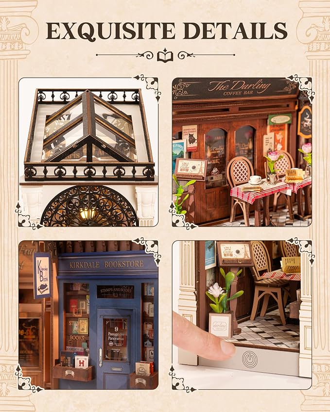 ROBOTIME DIY Book Nook Kits Dollhouse Room Bookstore Miniature House with LED Light 3D Wooden Puzzles for Adults Booknook Bookshelf Insert Decor Diorama Kit Unique Gifts（Arcade Dating）
