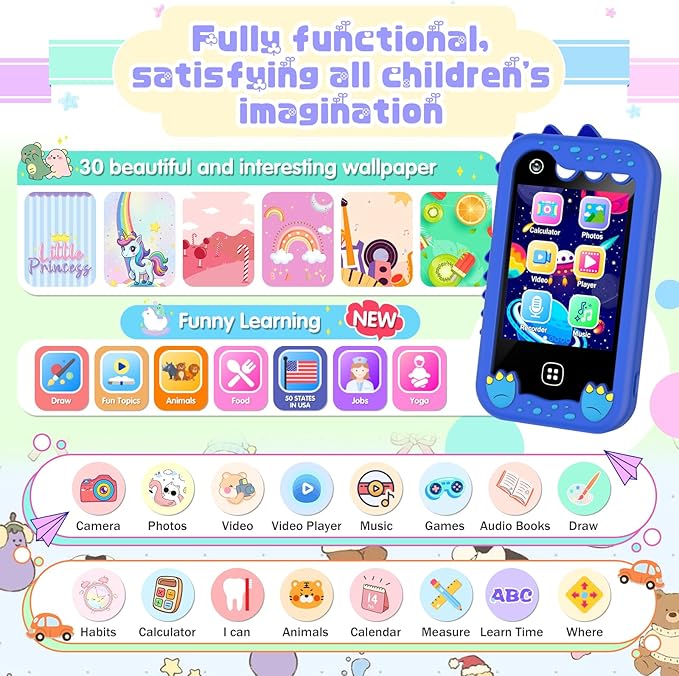 Kids Smart Phone for Girls, Kids Toys Cell Phone 2.8" Touchscreen Toddler Learning Play Toy Phone with Dual Camera, Game, Music Player, 8GB Card Birthday Gifts for Girls Boy Age 4-12 (Blue)