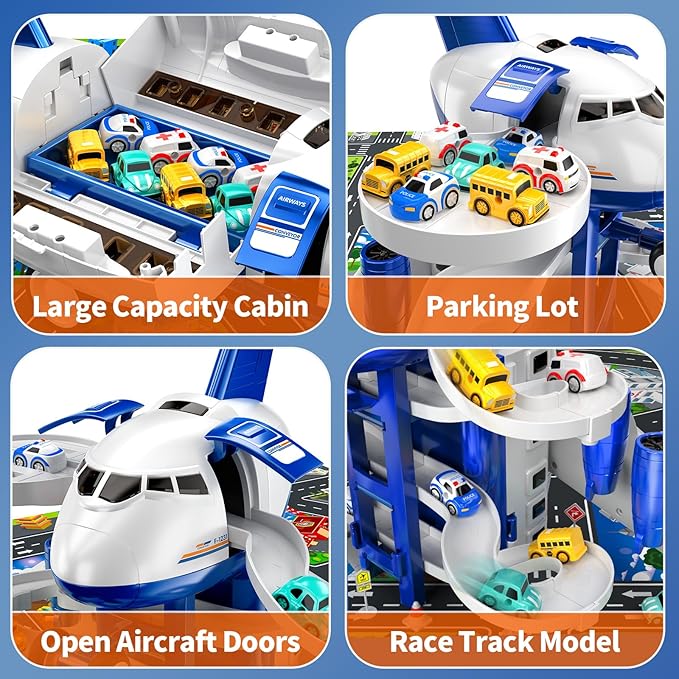 Airplane Toys for Toddlers 2-4 - Boy Toy Car Race Tracks for Kids Ages 3-5 with 8 Small Car Toys, Toddlers Educational Toy, Birthday Gifts for Boys 3-5