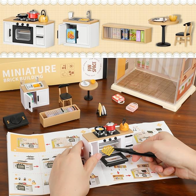 DIY Miniature House Kit, Tiny House with Home Decor Furniture & LED, DIY Dollhouse Miniature Kit for Adults Teens, Dollhouse for Mini Figures, Mini House Building Kit, Home Kitchen Mini Model Kit