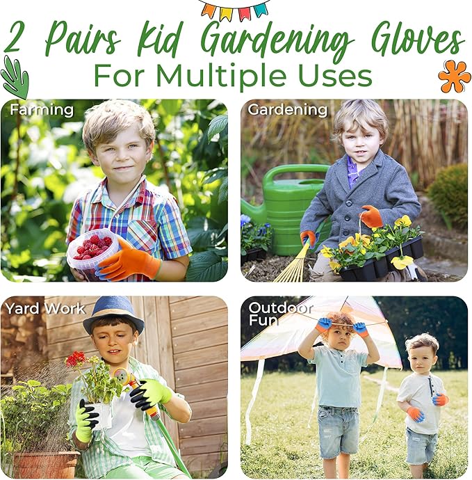 HANDLANDY 2 Pairs Kids Gardening Gripper Gloves, Foam Rubber Coated Children Toddler Garden Yard Work Outdoor Playing Gloves for Girls Boys (Size M)