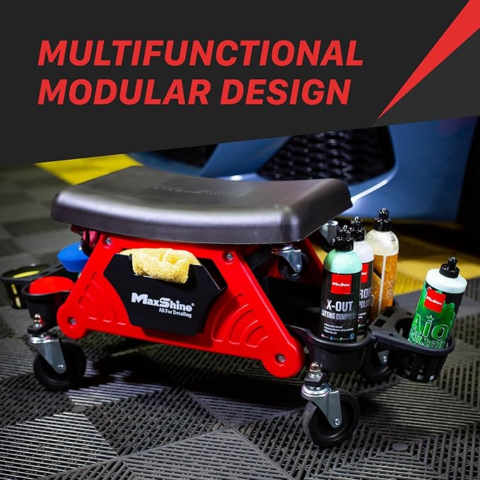 Maxshine Detailing Creeper Seat with Built-in Storage | 2-in-1 Modular Rolling Garage Stool with Tool Tray | Mechanic Shop Seat for Car Detailing, Polishing, Repairs & Auto Care
