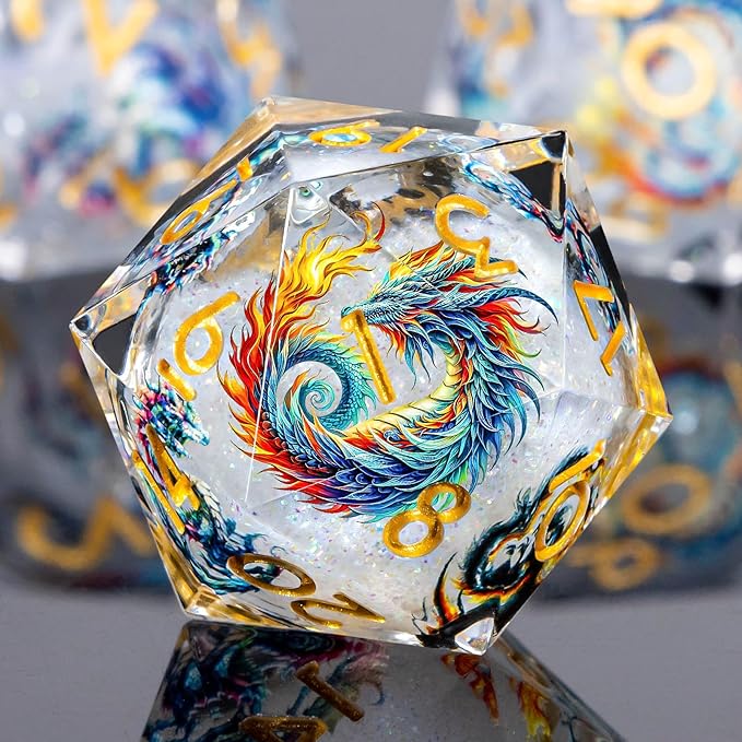 Dragon Pattern Liquid Core DND Dice Set, 7Pcs Sharp Edge D&D Dice with Gift Box, Resin White Dungeons Dragons D and D Role Playing Dice D20 D12 D10 D8 D6 D4