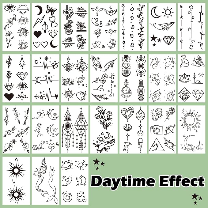 Luminous Temporary Tattoos for Adults, 60 Sheets Glow In The Dark Fake Tattoos for Face Hands, Lines Flowers Stars Moon Bohemian Design