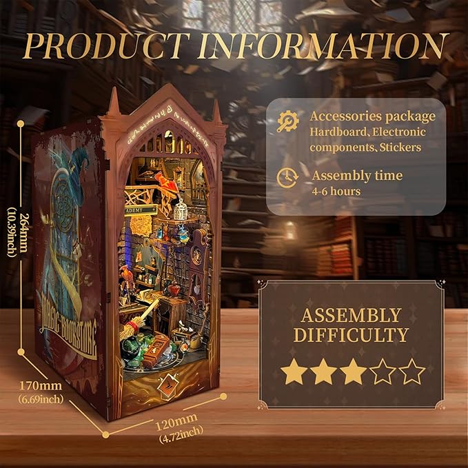 DIY Book Nook Kit, DIY Miniature Dollhouse Kit for Adults and Teens, Book Nook Bookshelf Insert Decor 3D Wooden Puzzle Bookend Miniature Kit with Sensor Light Creative Craft (Magic Academy)
