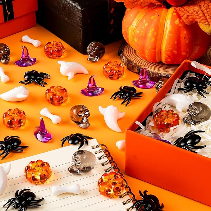 110 Pcs Halloween Vase Filler, Mini Acrylic Pumpkin Ghost Skull Spider Witch Hats Gems for Centerpieces Table Decorations, Halloween Sensory Bin Filler for DIY Crafts