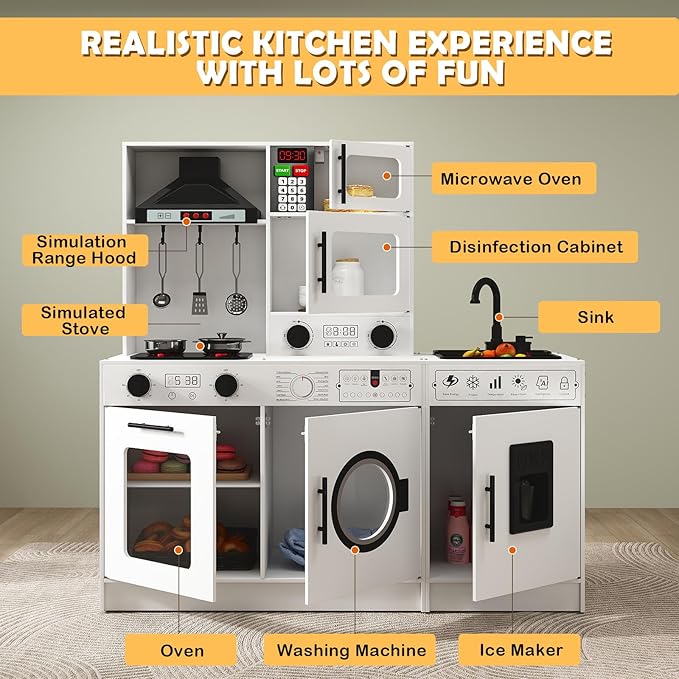 JOYLDIAS Kids Play Kitchen Set, Wooden Free Combination & Movable Pretend Toddler Kitchen Toy w/Real Sound and Light, Running Water, Oven, Washing Machine and Cookware Accessories for Age 3+ Toddlers