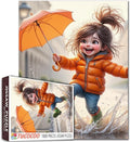 Tucocoo Cute 1000 Piece Puzzle for Adults, Happy Cartoon Girl Jumping in Rain with Orange Umbrella Jigsaw Home Decor, Whimsical Rainy Day Scene – Fun and Challenging Puzzles Gift for Women, Teens