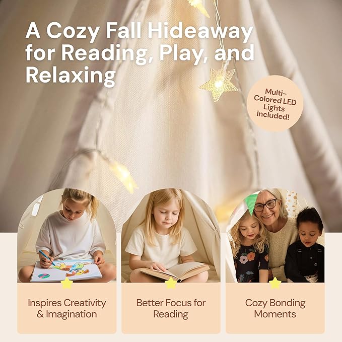 PLAYVIBE Teepee Tent for Kids - Castle Theme Indoor & Outdoor Playhouse with LED Star Lights - Halloween Party Tent, Cozy Fall Decor & Toddler Toy Fort