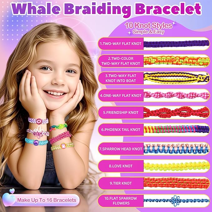 Euclidean Cube Friendship Bracelet Making Kit for Girls, Purple Whale Shaped Jewelry Making Kit for Girls Ages 8-12, DIY Arts and Crafts String Maker Tool, 7 8 9 10 11 12 Years Old Girl Birthday Gift