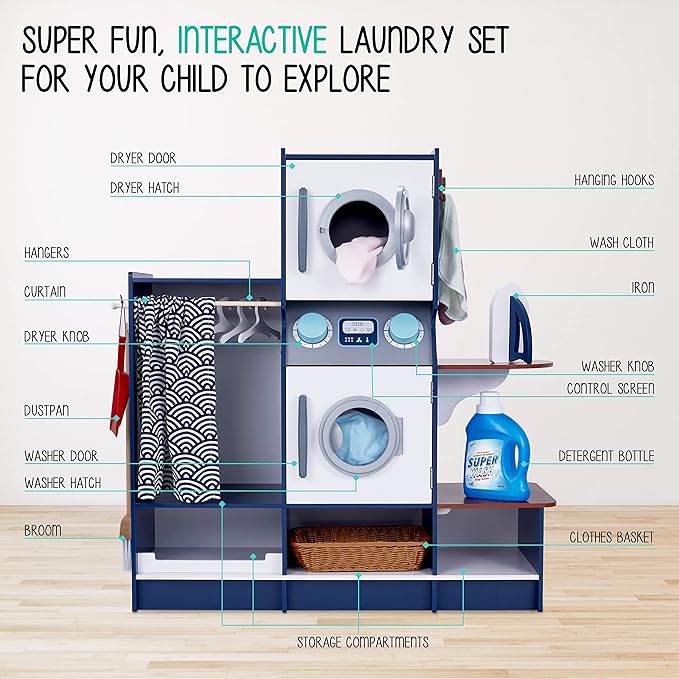 Lil' Jumbl Kids Washer and Dryer Playset, Wooden Children's Pretend Laundry Set, Includes Broom, Dustpan, Iron, Hangers & Basket, Realistic Laundry Room for Kids