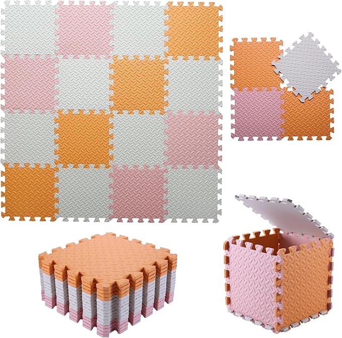 Foam Play Mat for Baby, 0.4 Inch Thick Foam Interlocking Floor Mats, Soft Non-Toxic Baby Playmat, Solid Colored Puzzle Play Mat Kids Floor Mats, 16 Tiles, White/Orange/Loli Pink