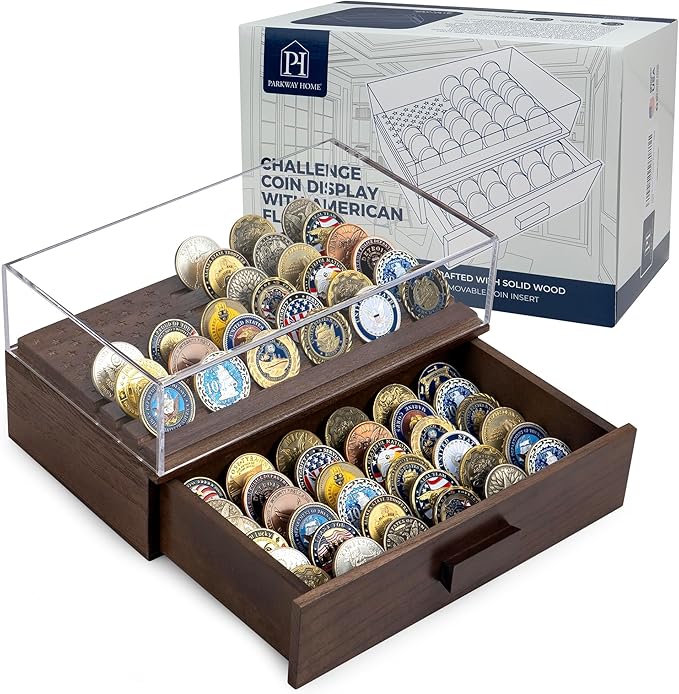 Military Challenge Coins Display Holder with American Flag and Clear Cover - Solid Wood Challenge Coin Stand with Drawer, Challenge Coin Display Case for Collector, Military Coin Holder Rack for Desk
