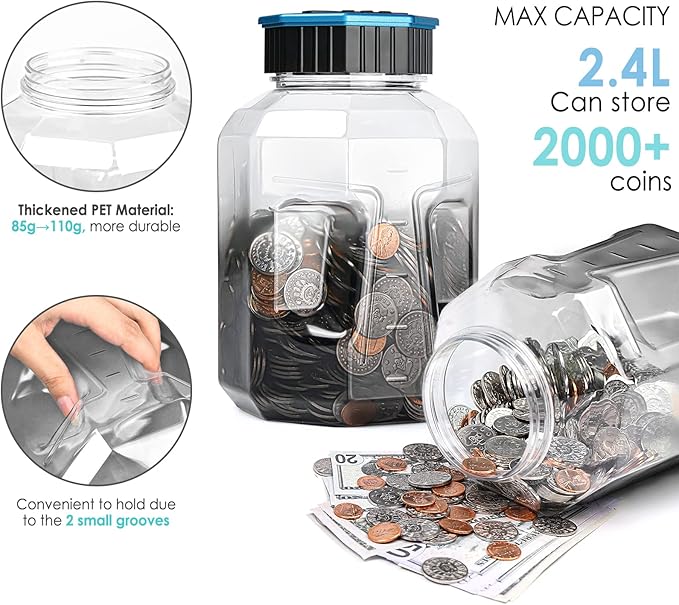 X-Large Piggy Bank for Adults Kids, Vcertcpl Digital Coin Counting Bank with LCD Counter, 2.4L Capacity, Great Coin Counter Bank Money Counting Jar with Total Amount Displayed (G Gray, X-Large)