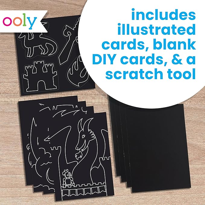 Ooly Scratch & Scribble 10pc Art Kit with 8 Total Scratch Cards (4 Illustrated, 2 Blank, 2 Rainbow) with Scratching Tool and Sparkled Stickers, Art Set Gifts for Kids - Dragons