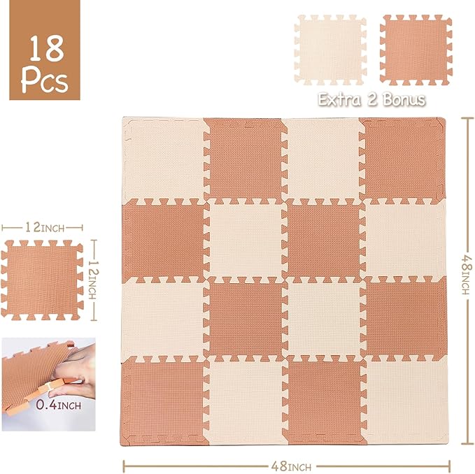 TCBunny Kids Soft EVA Foam Jigsaw Puzzle Play Mat, 18 Interlocking Tiles and Edges Baby Play Mat, for Kids Gym, Nursery, Playroom, Pet Mat, Total Floor Coverage 16 Sq Ft