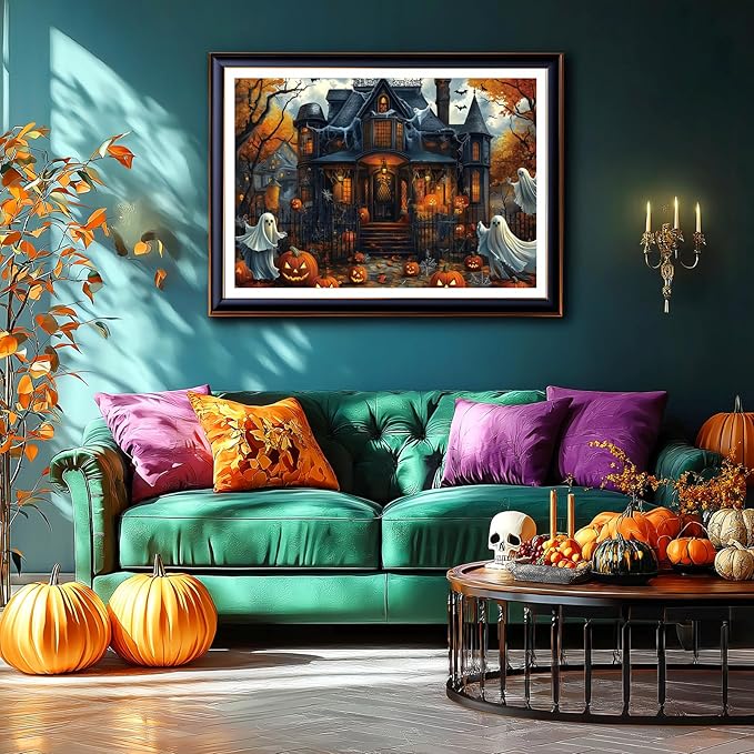 Halloween Haunted House 1000 Piece Jigsaw Puzzle for Adults Spooky Ghosts & Pumpkins Gothic Mansion Challenging 1000-Piece Puzzle with Poster - Fun Adult Puzzle Game for Game Night (27"x20")