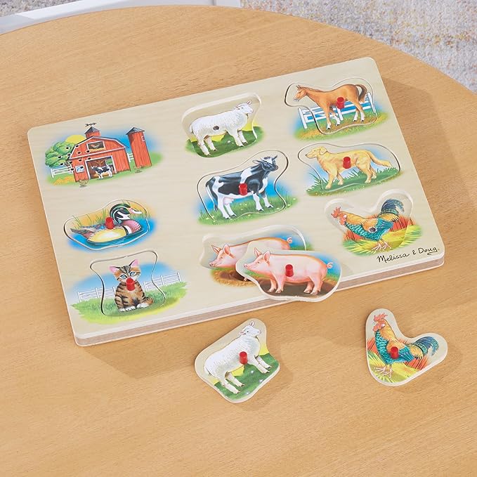 Melissa & Doug Farm Sound Puzzle - Wooden Peg Puzzle with Sound Effects (8 pcs)