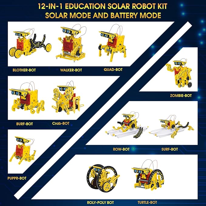 Solar Robot Kit for Kids Age 8-12, STEM Building Toys,12-in-1 Build Your Own Robot with Solar Panel & Battery Power, Science Engineering Christmas Birthday Idea Gifts for Boy Age 8 9 10 11 12