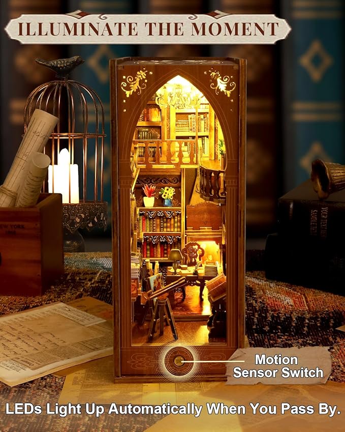 Book Nook Kit Library, DIY Booknooks Kit for Adults Teens with Sensor Lights, Bookshelf Diorama Miniature Scenes Insert Decor Decorative Bookends (Library of Books)