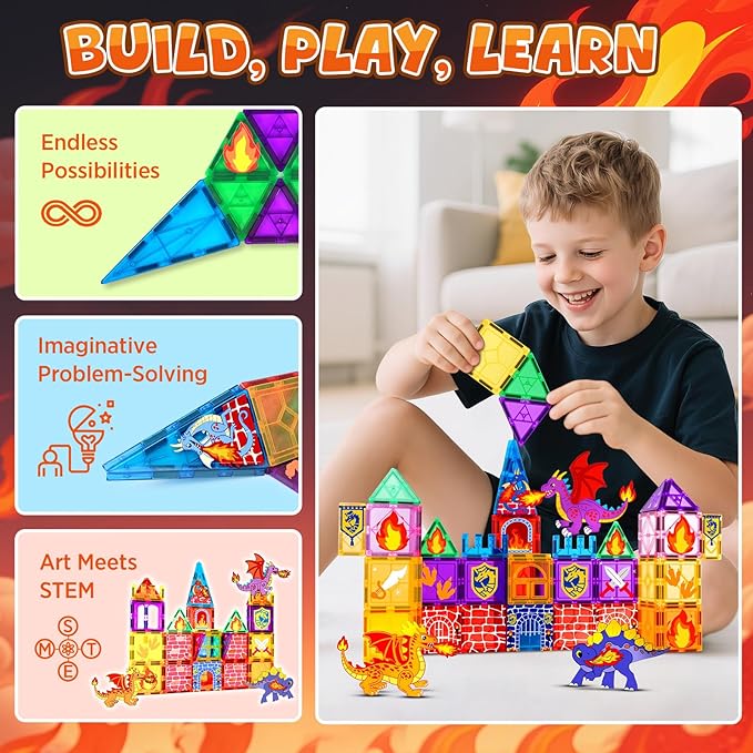 Dragon Toys, Magnetic Tiles 3D Building Toys, Creative Dinosaur Magnetic Construction Set with Inspirational, Recreational, Educational, 53 Piece