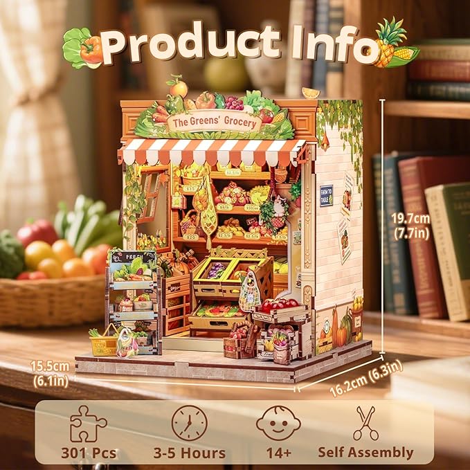 Cutefun Book Nook Kit - DIY Miniature Dollhouse Kit for Adults and Teens, Fruit & Vegetable Store Mini House Building Kit with LED Bookshelf Insert Decor Creative Gifts (The Greens’ Grocery)
