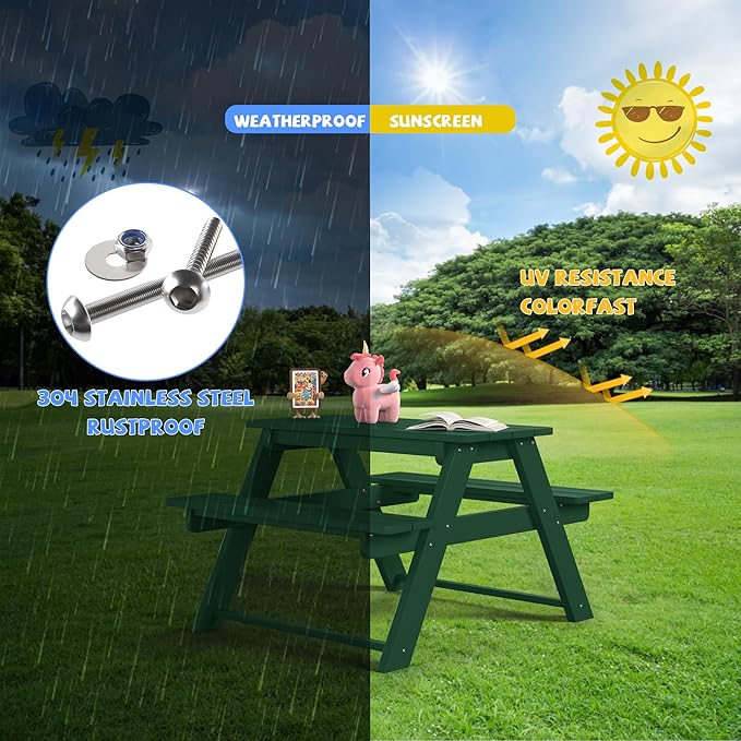 Costaelm Kids Picnic Table, HDPE All Weather Outdoor Toddler Picnic Table and Chair Set Kids Bench for Patio, Backyard, Garden, Lawn, Dark Green