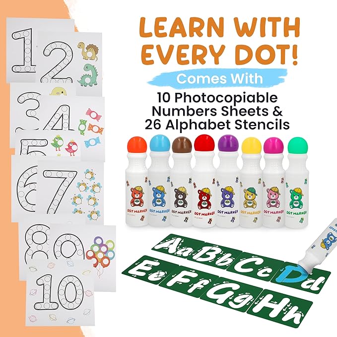 8 Washable Non-Toxic Dot Art Marker for Children Early Education, Fun Art Bingo Daubers Supplies with Alphabet Stencils and Activity Sheets