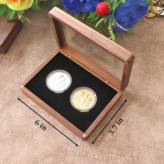 Walnut Wood Challenge Coin Display Case , Coin Box, Acrylic Clear Cover, 2 Slot Design, Compatible with Coins Measuring 17/20/25/27/30/35/40/46mm in Diameter and Less Than 3mm in Thickness