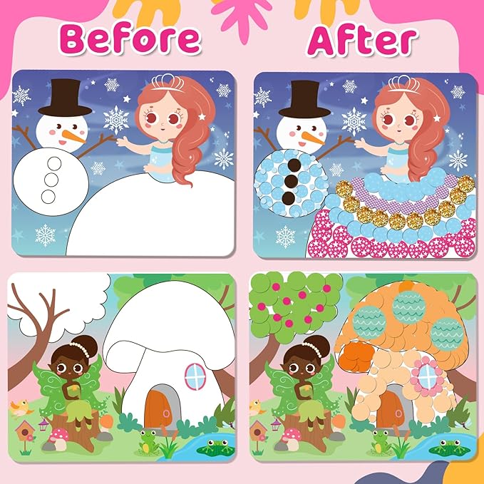 Insnug Dot Sticker Art Kit Activity - Dot It Unicorns & Princesses, No Mess Sticker Art for Toddlers 4-8, DIY Dot Stickers for Kids, Stickers Crafts Valentine Gifts for Boys & Girls Ages 3 4 5 6 7 8+