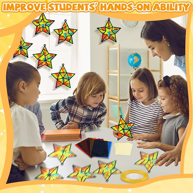 QOUBAI 32 Sets Back to School Stars Suncatchers Craft DIY Window Stained Glass Effect Patriotic 4th of July Paper Craft Home School Classroom Decor Kid Birthday Gift Creative Art Project Activity Game