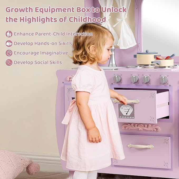 Kids Kitchen playset，Wooden Play Kitchen with Realistic Design，Kids Play Kitchen with Plenty of Play Features，Fine Gift for Ages 3+,Purple